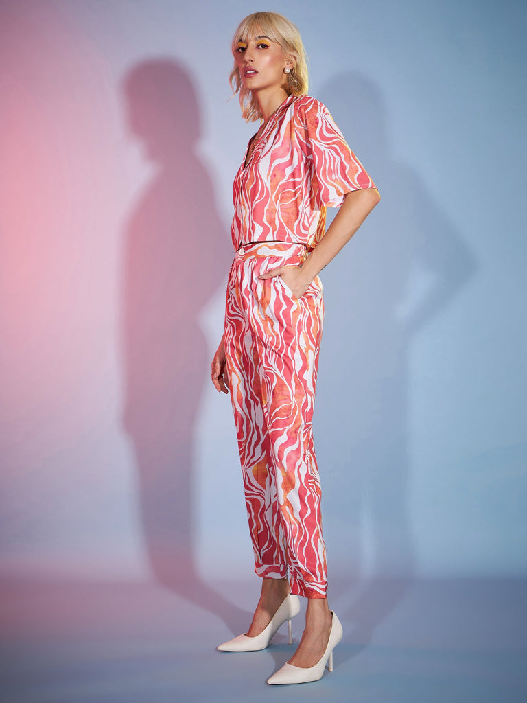 Women's Coral Watercolor Crop Blazer With Tapered Pants