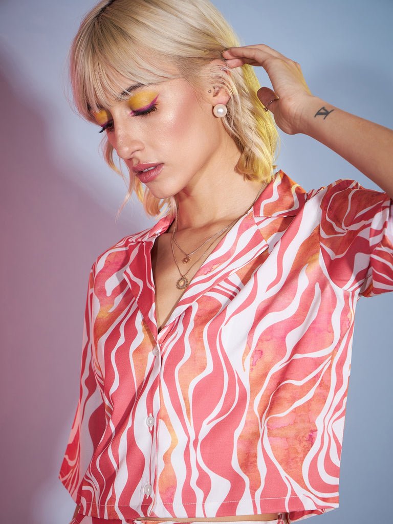 Women's Coral Watercolor Crop Blazer With Tapered Pants