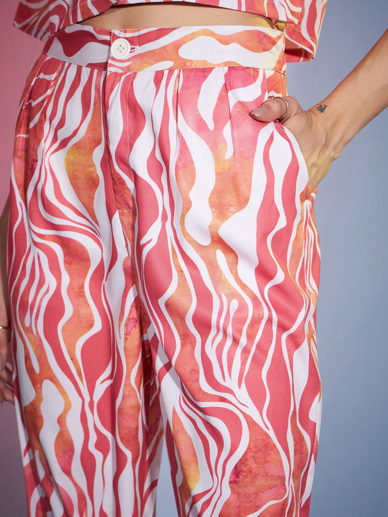 Women's Coral Watercolor Crop Blazer With Tapered Pants