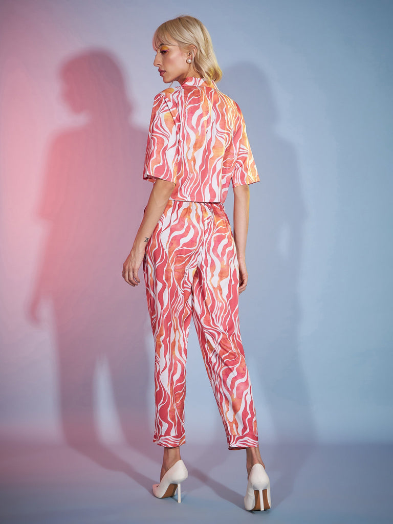 Women's Coral Watercolor Crop Blazer With Tapered Pants