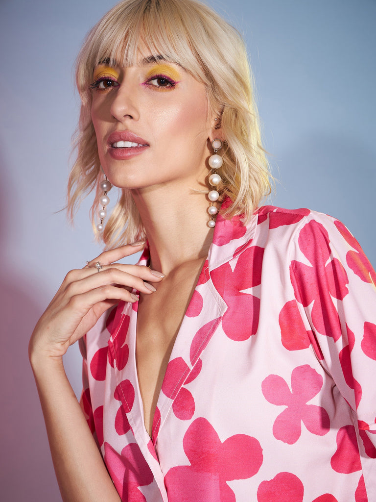 Women's Pink Petal Floral Crop Shirt With Mini Skirt