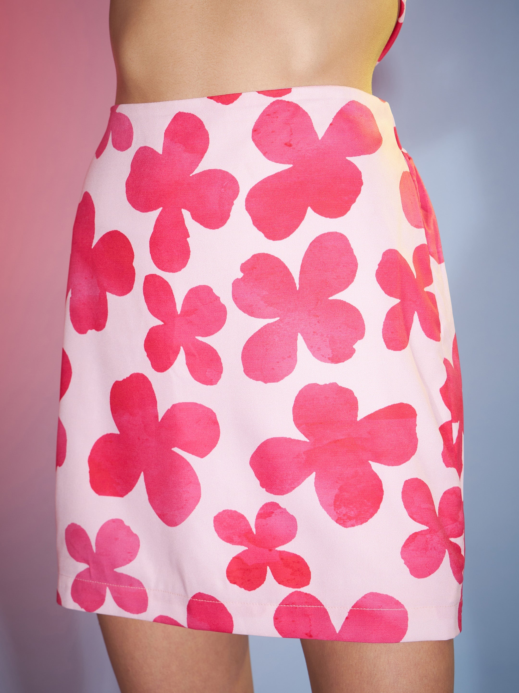 Women's Pink Petal Floral Crop Shirt With Mini Skirt - SASSAFRAS