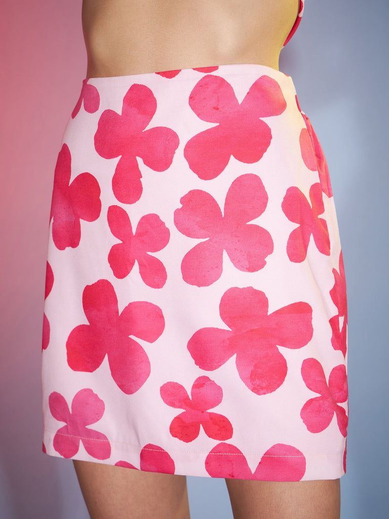 Women's Pink Petal Floral Crop Shirt With Mini Skirt