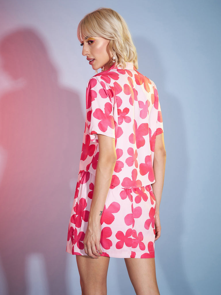 Women's Pink Petal Floral Crop Shirt With Mini Skirt