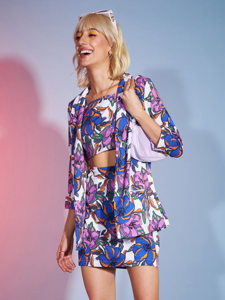 Women's Purple Big Floral Crop Top With Skirt and Blazer