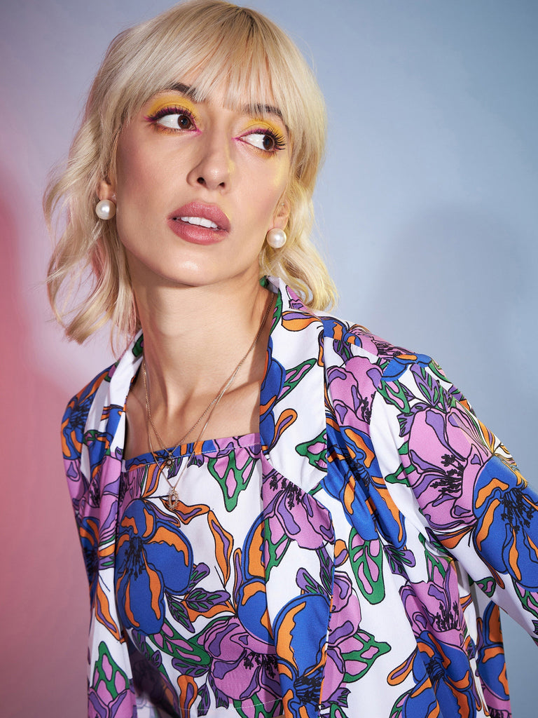 Women's Purple Big Floral Crop Top With Skirt and Blazer