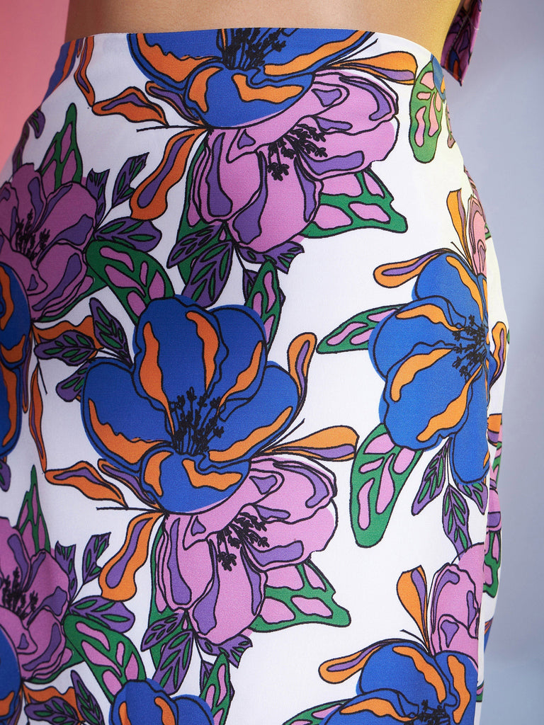 Women's Purple Big Floral Crop Top With Skirt and Blazer