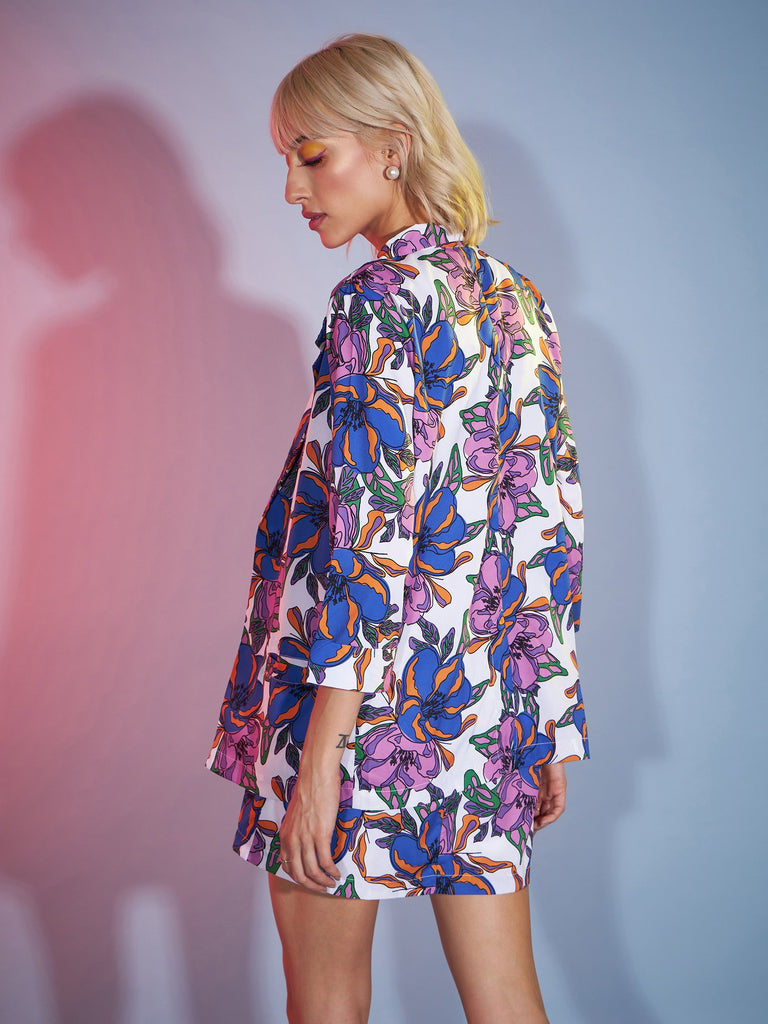 Women's Purple Big Floral Crop Top With Skirt and Blazer