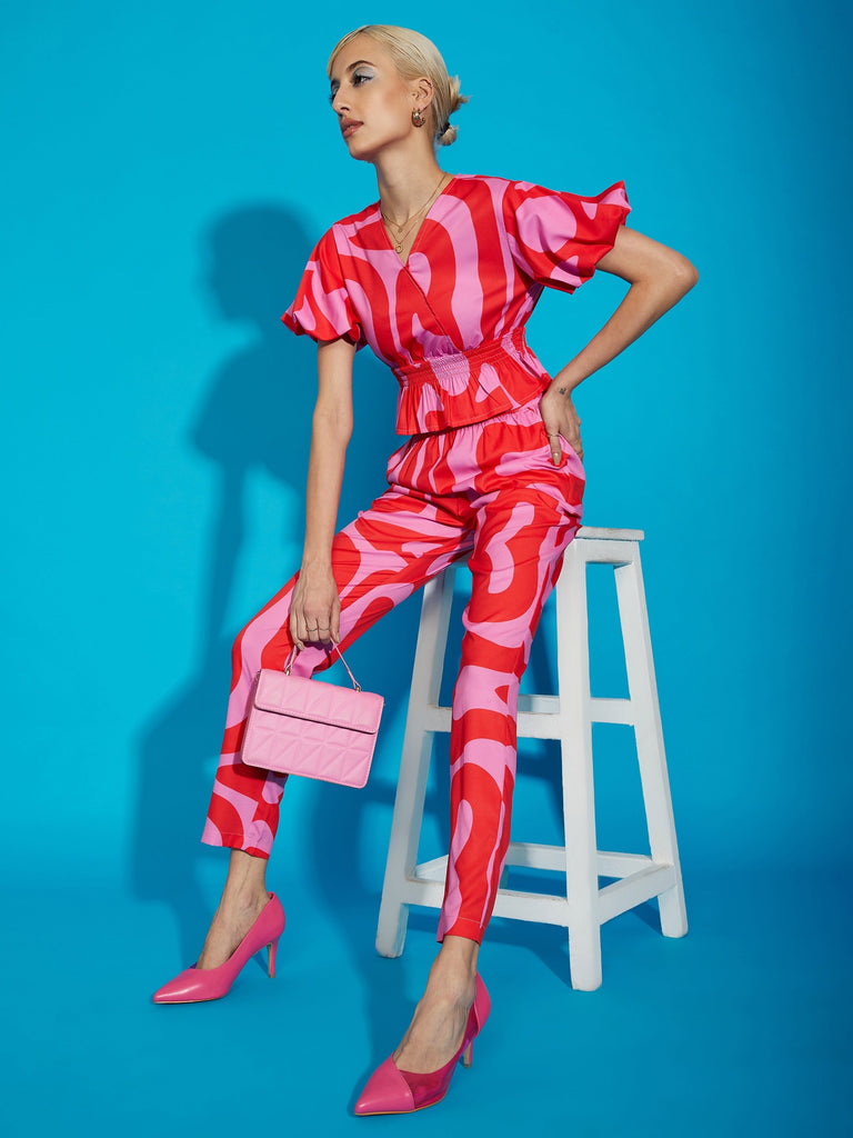 Women's Pink Abstract Print Peplum Top With Tapered Pants