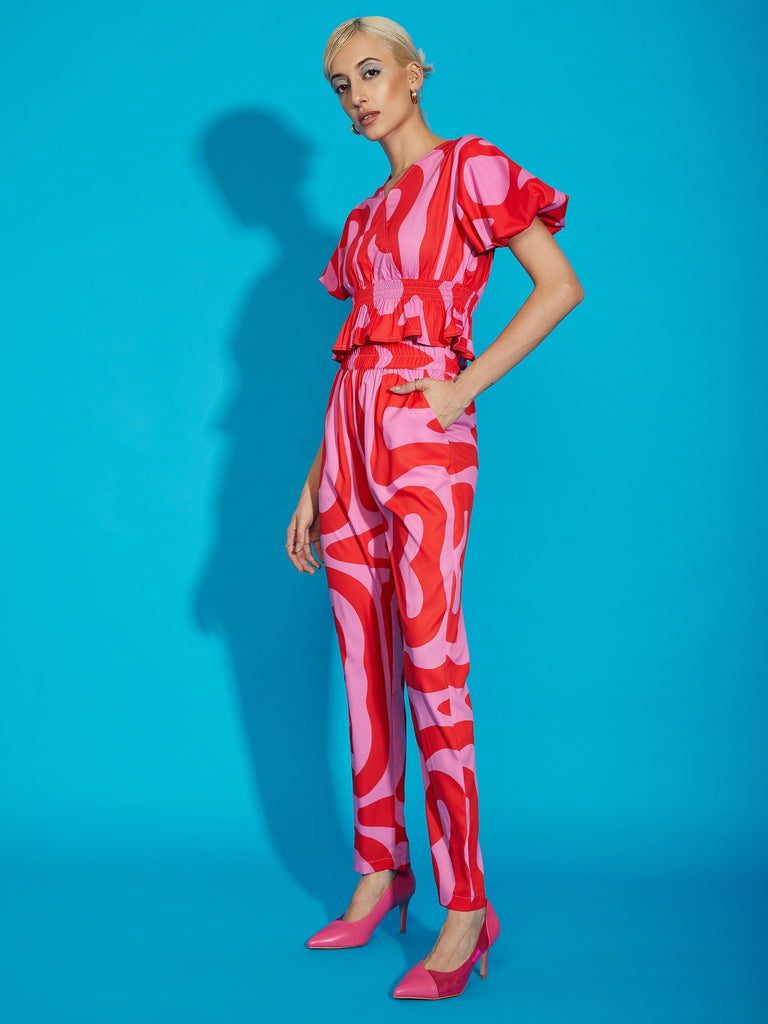 Women's Pink Abstract Print Peplum Top With Tapered Pants