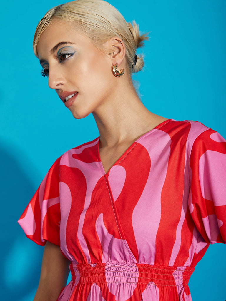 Women's Pink Abstract Print Peplum Top With Tapered Pants