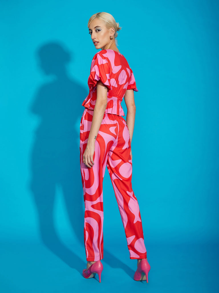 Women's Pink Abstract Print Peplum Top With Tapered Pants