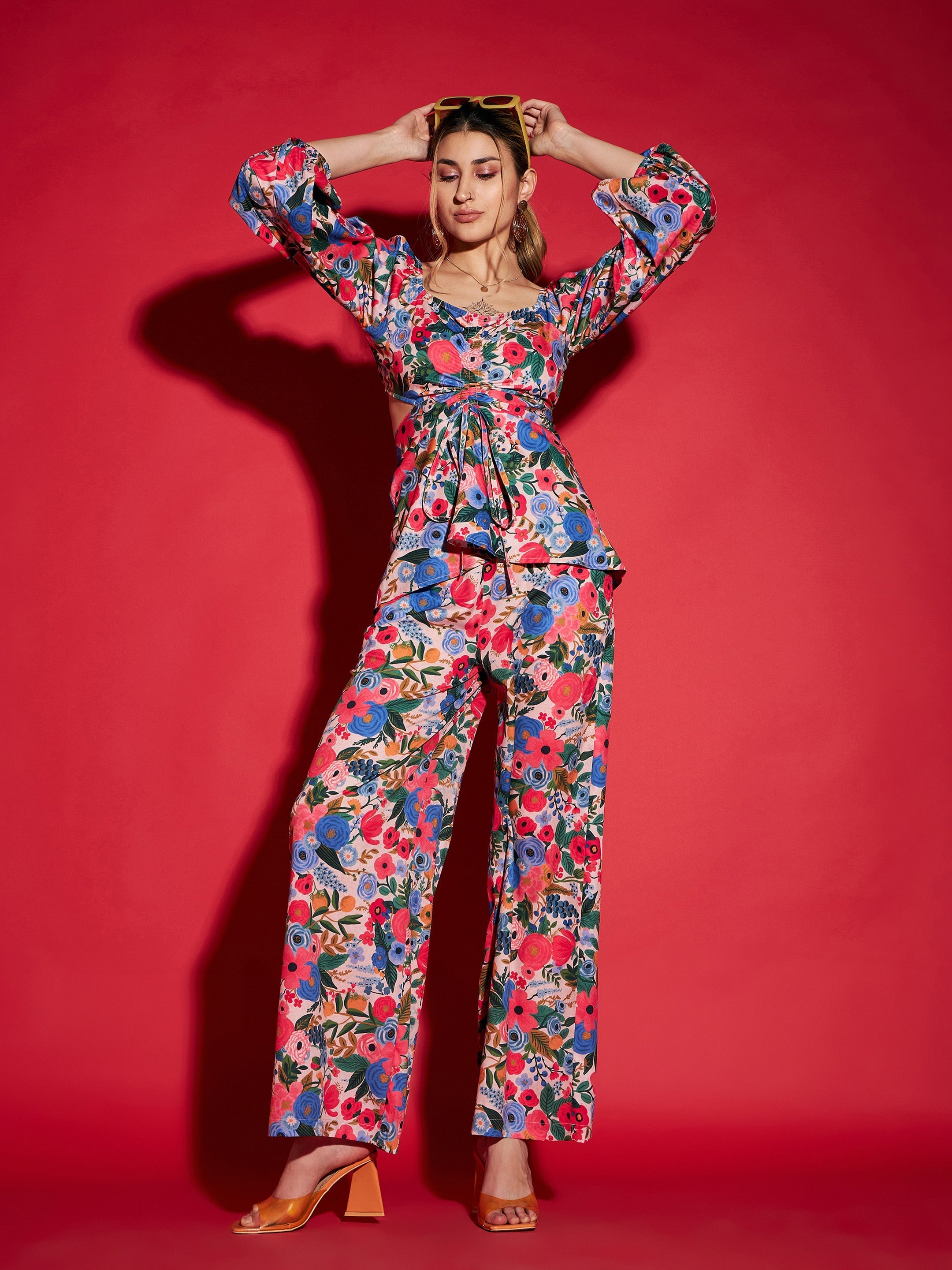 Women's Multi Floral Peplum Top With Straight Pants - SASSAFRAS