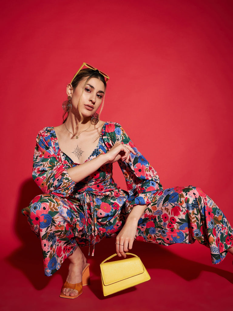 Women's Multi Floral Peplum Top With Straight Pants