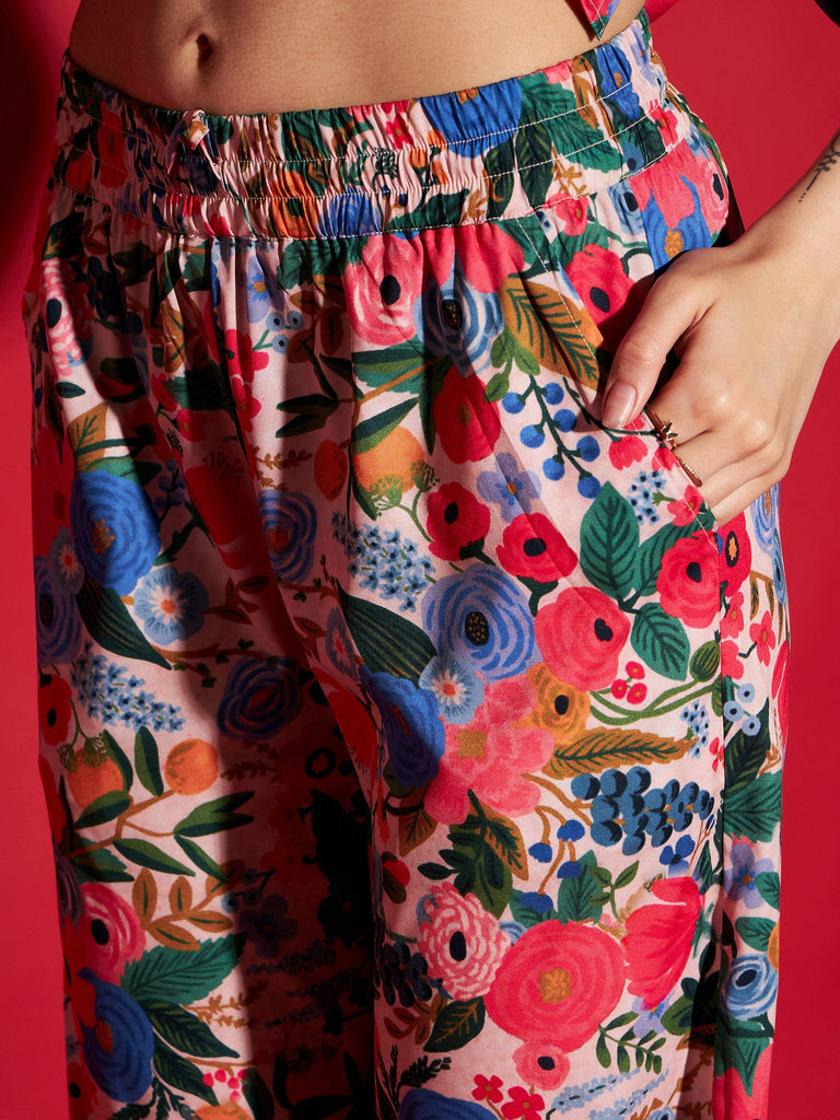 Women's Multi Floral Peplum Top With Straight Pants