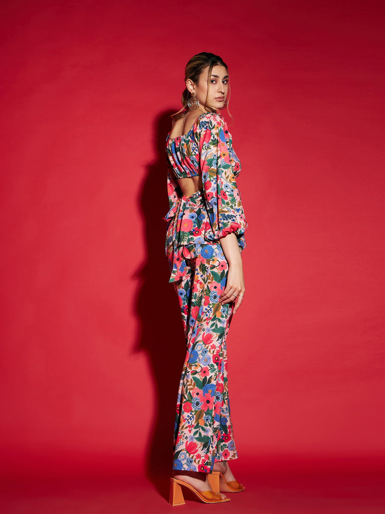 Women's Multi Floral Peplum Top With Straight Pants