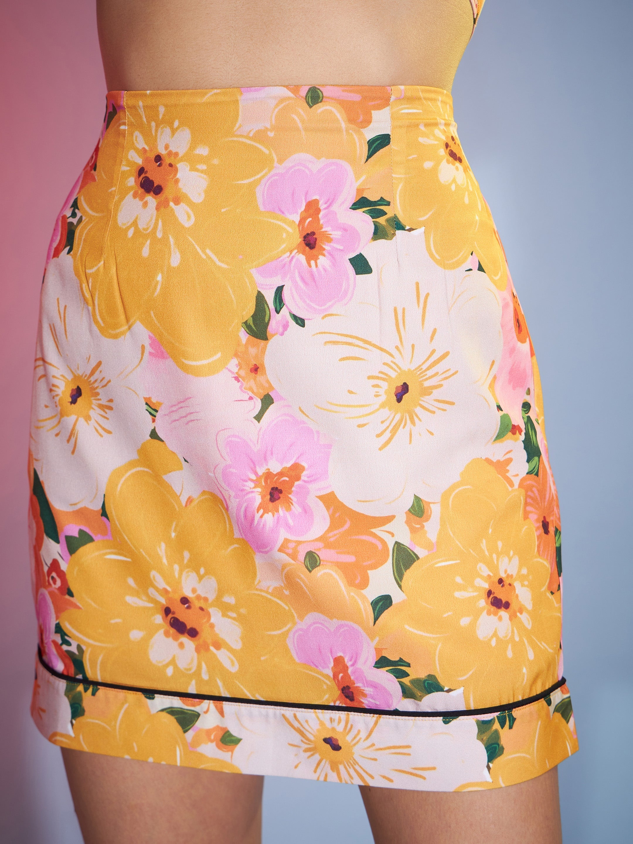 Women's Yellow Floral Boxy Crop Shirt With Mini Skirt - SASSAFRAS