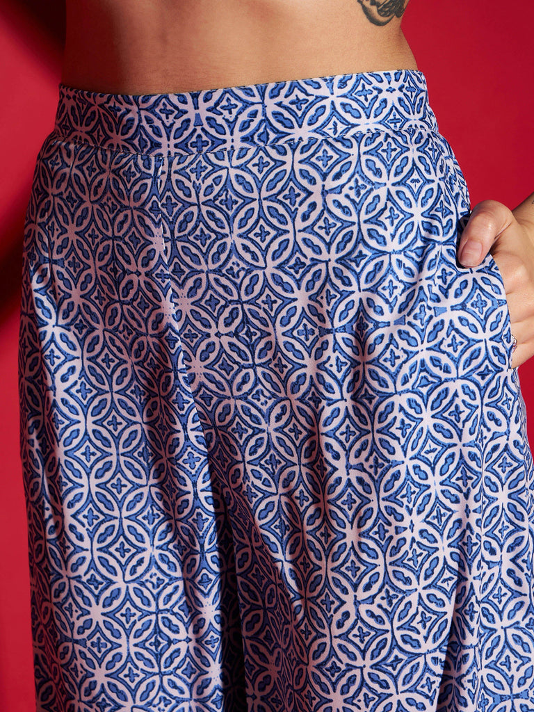 Women's Blue Mughal Print Crop Top With Straight Pants