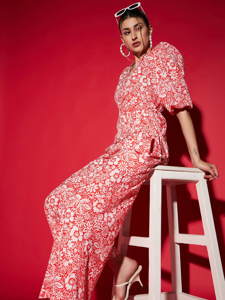 Women's Orange Floral Wrap Top With Straight Pants