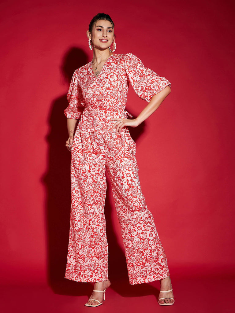 Women's Orange Floral Wrap Top With Straight Pants