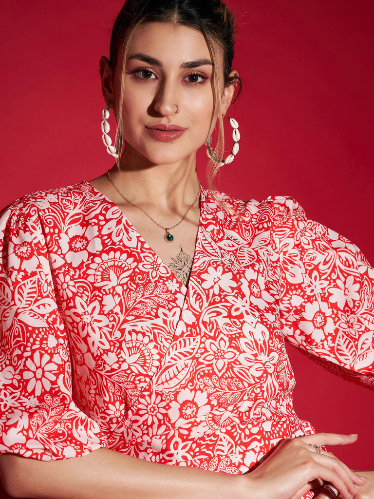 Women's Orange Floral Wrap Top With Straight Pants