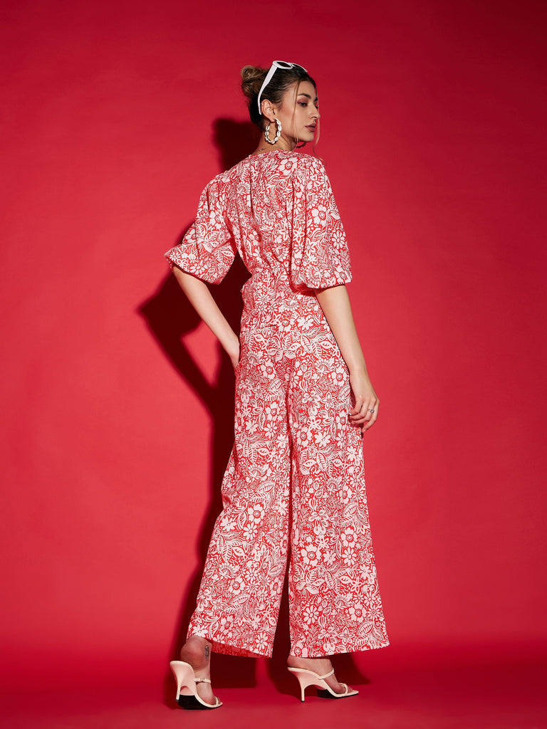Women's Orange Floral Wrap Top With Straight Pants