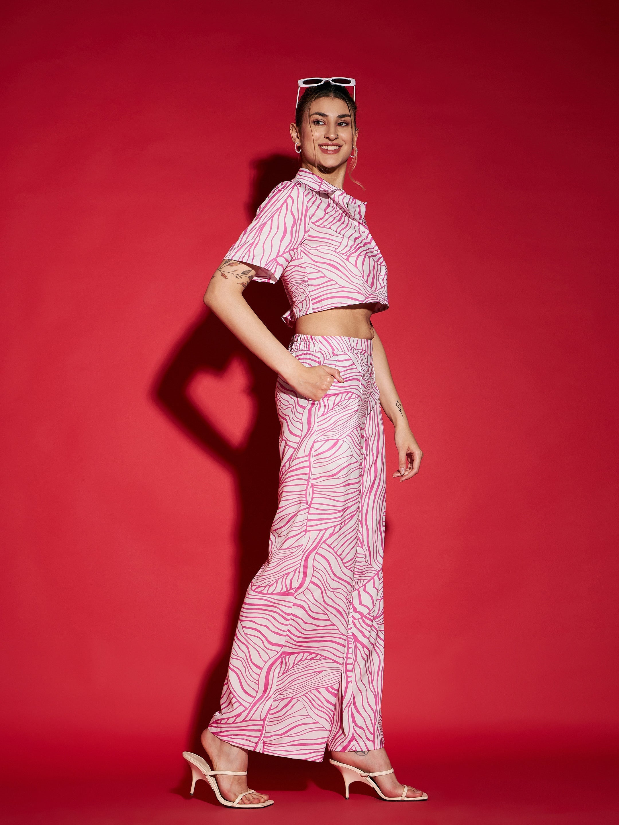 Women's Pink Abstract Print Crop Shirt With Straight Pants - SASSAFRAS