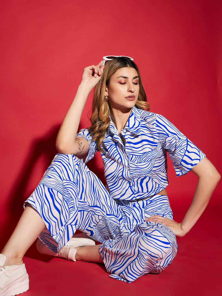 Women's Blue Abstract Print Crop Shirt With Straight Pants