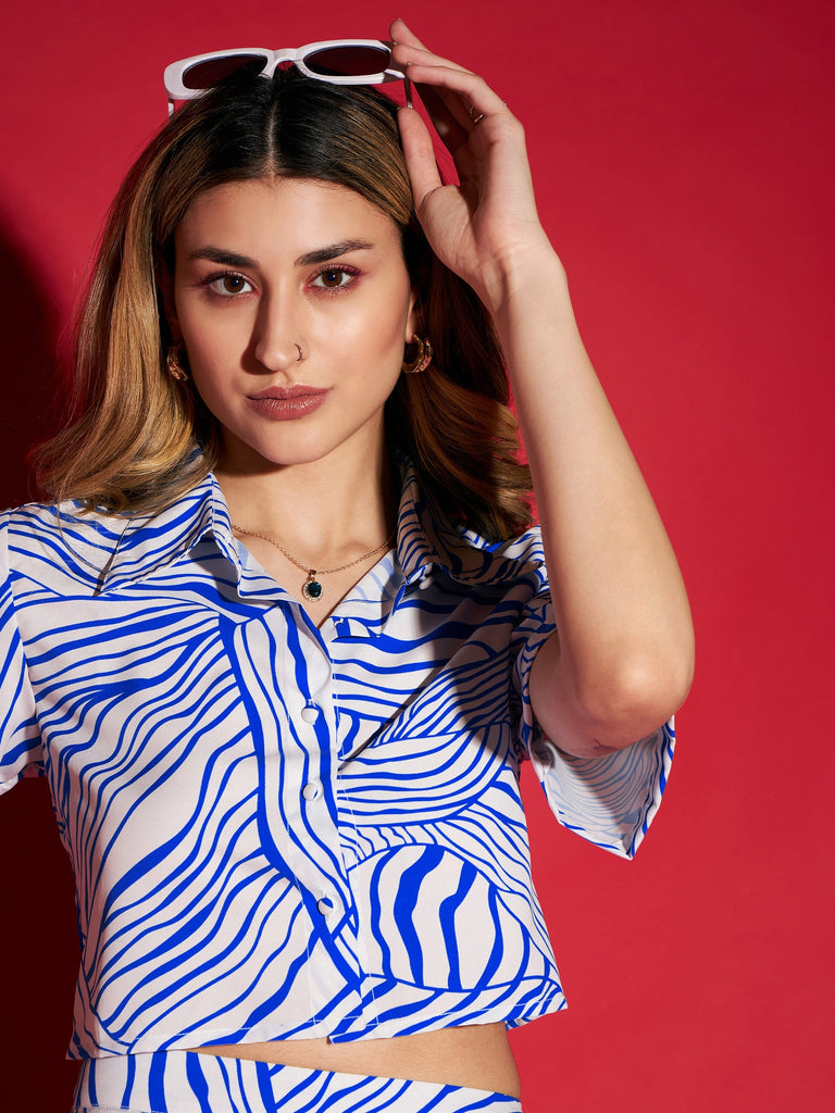Women's Blue Abstract Print Crop Shirt With Straight Pants