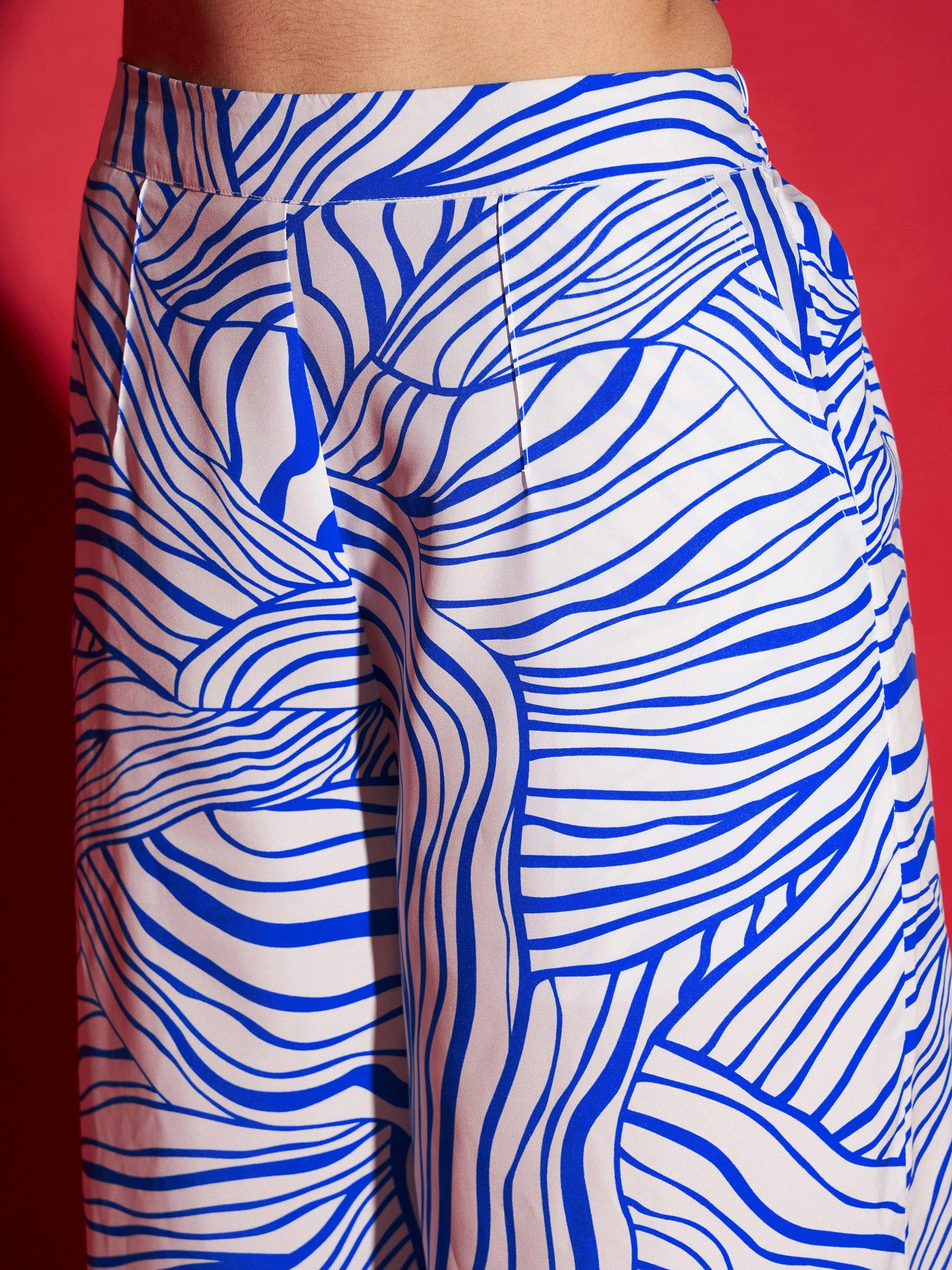 Women's Blue Abstract Print Crop Shirt With Straight Pants - SASSAFRAS