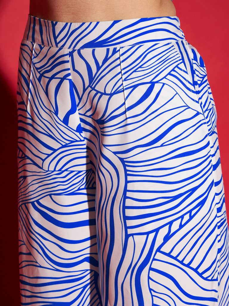 Women's Blue Abstract Print Crop Shirt With Straight Pants
