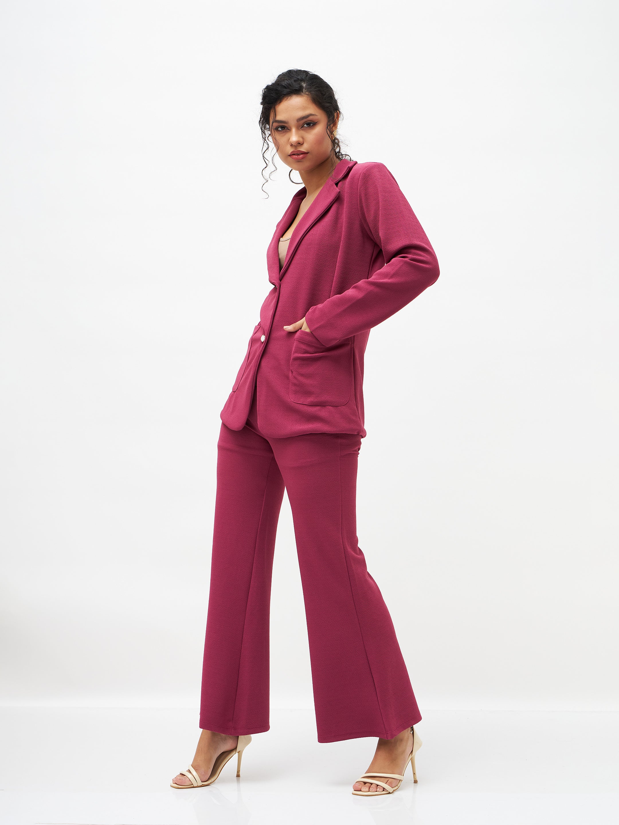 Women's Mauve Slim Fit Blazer With Bellbottom Pants - Lyush