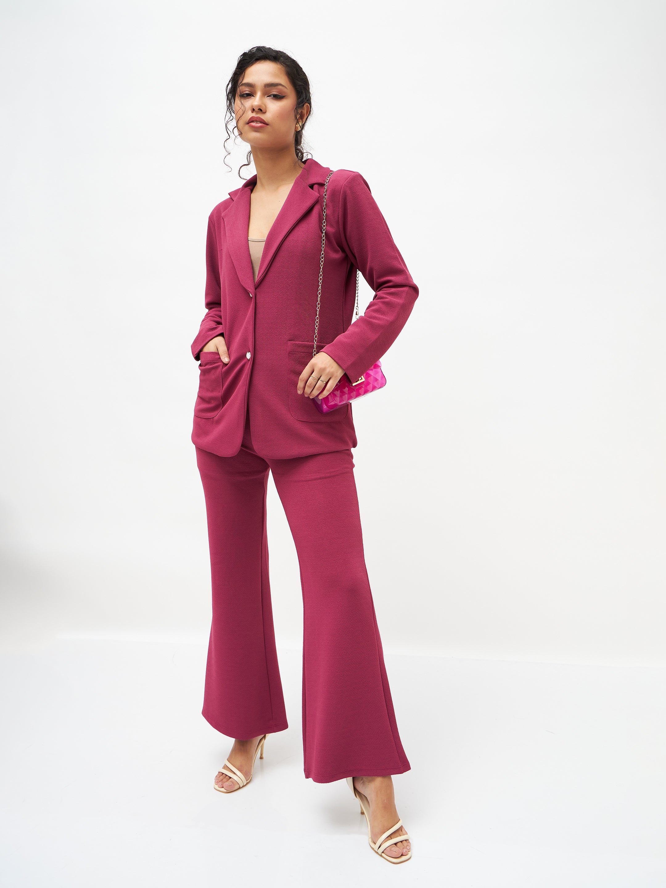 Women's Mauve Slim Fit Blazer With Bellbottom Pants - Lyush