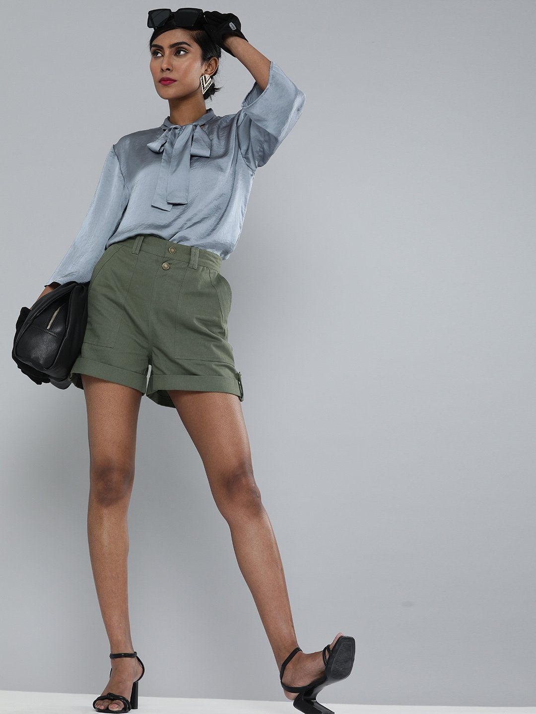 Women's Olive Front Button Shorts - SASSAFRAS