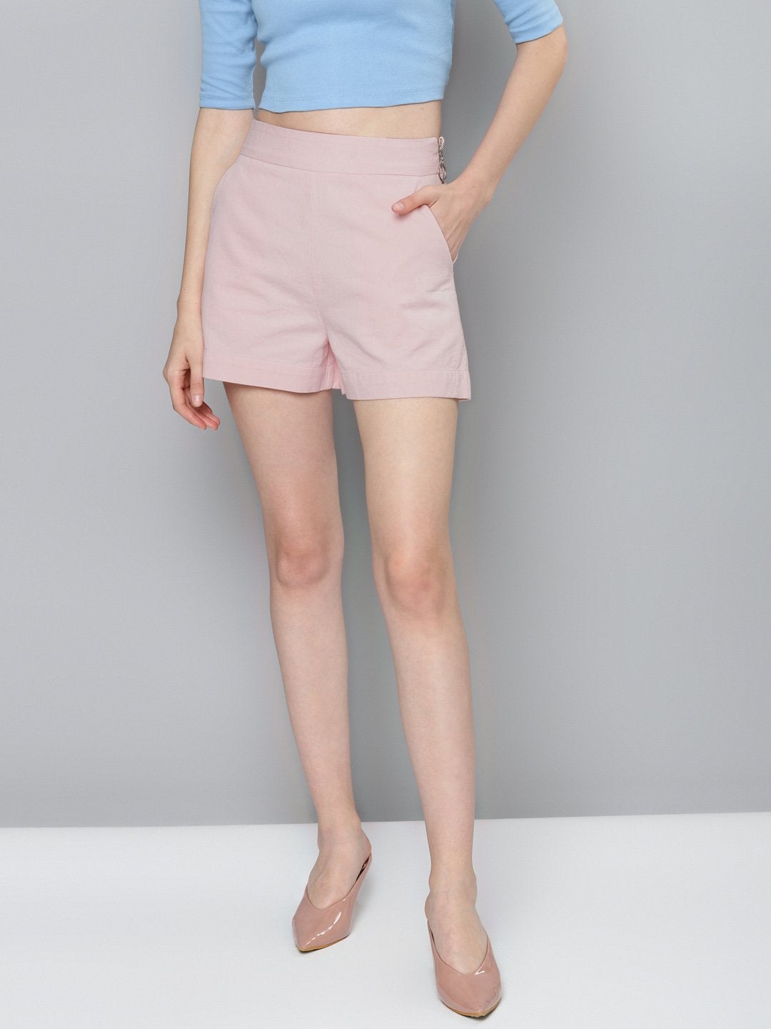 Women's Pink Side Zipper Twill Shorts - SASSAFRAS