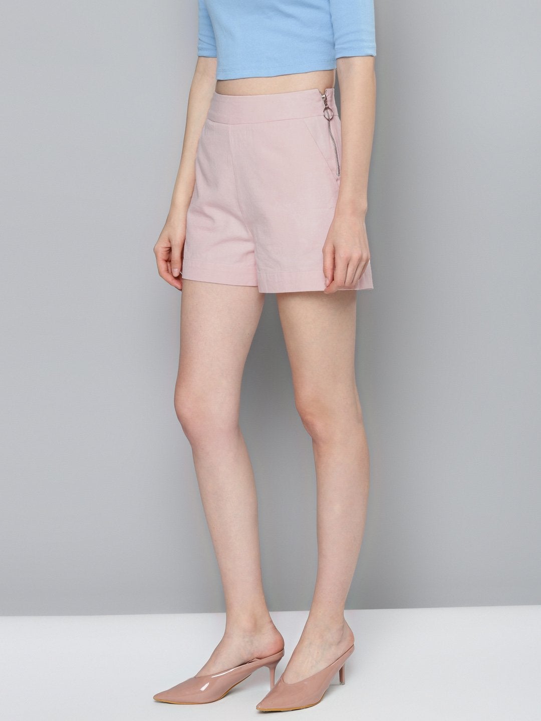 Women's Pink Side Zipper Twill Shorts - SASSAFRAS