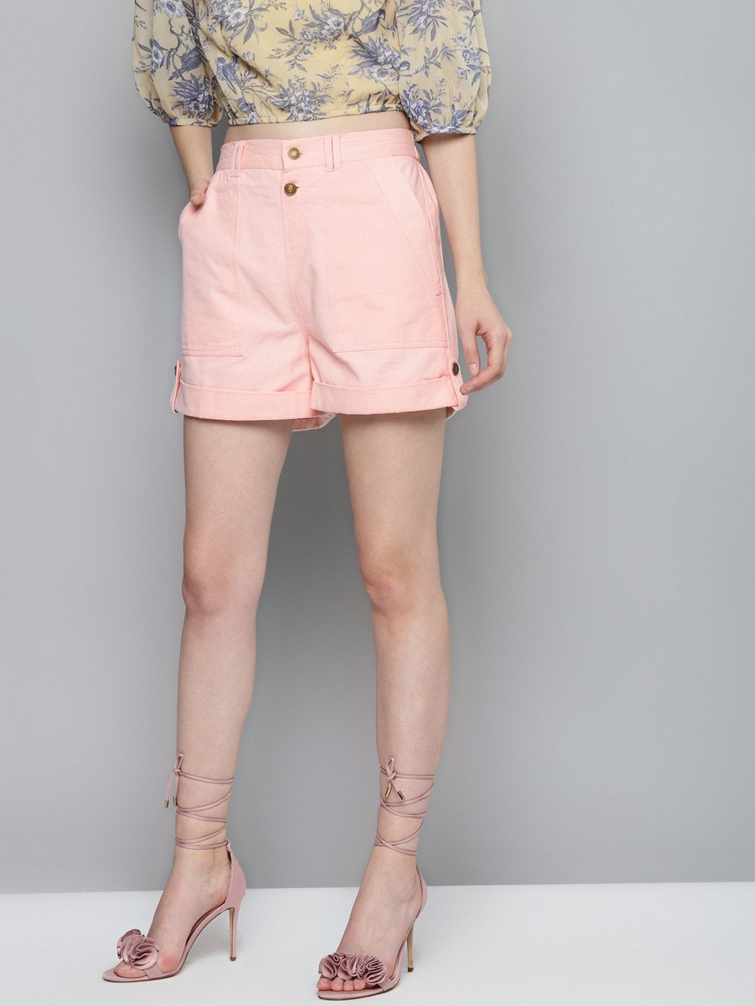 Women's Pink Side Button Twill Shorts - SASSAFRAS