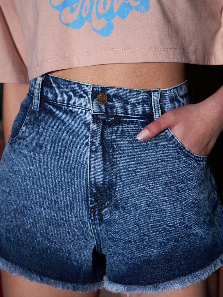 Women's Blue Washed Denim High Waist A-Line Shorts