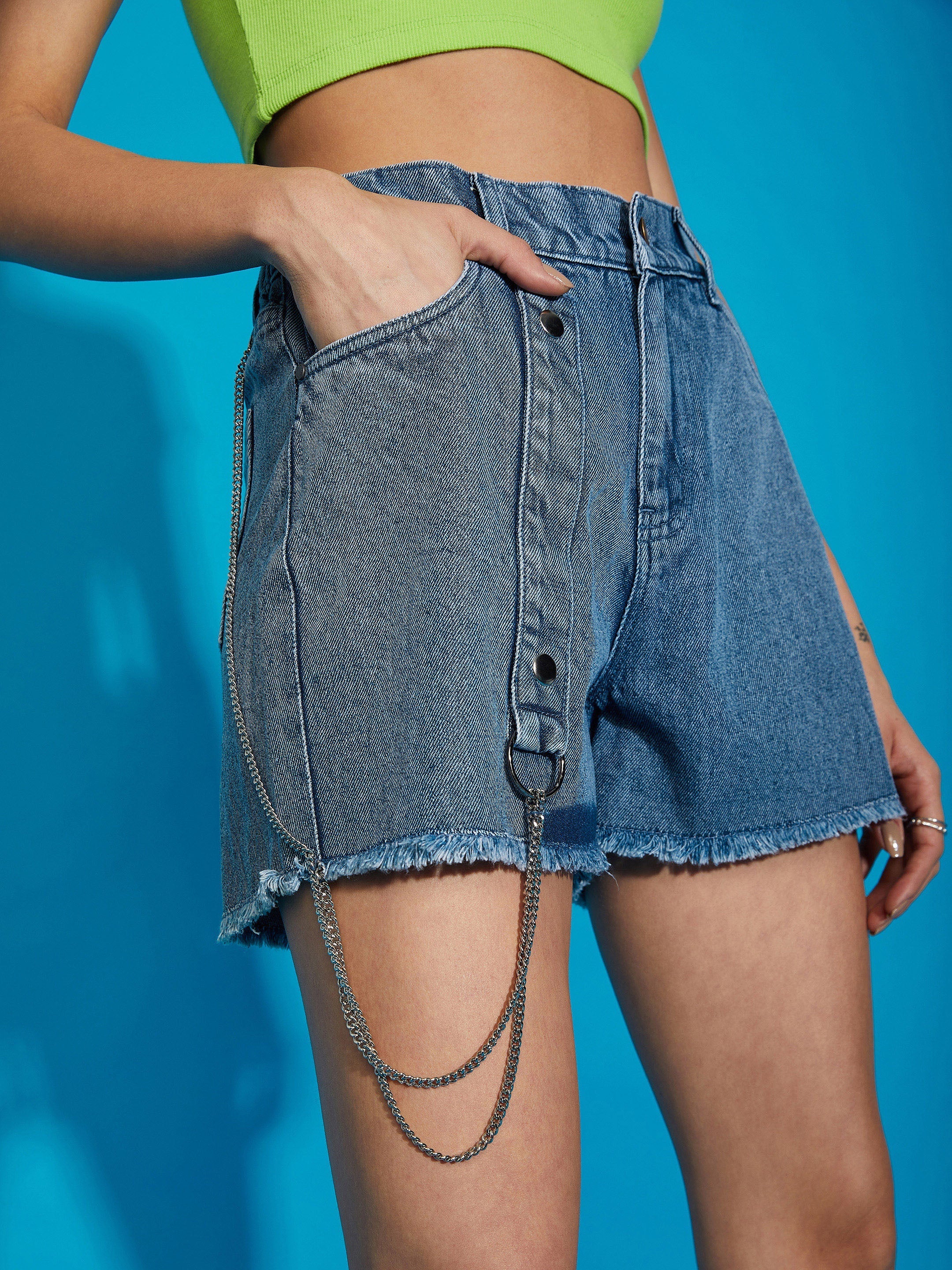 Women's Blue Denim Wash Chain Detail Shorts - SASSAFRAS