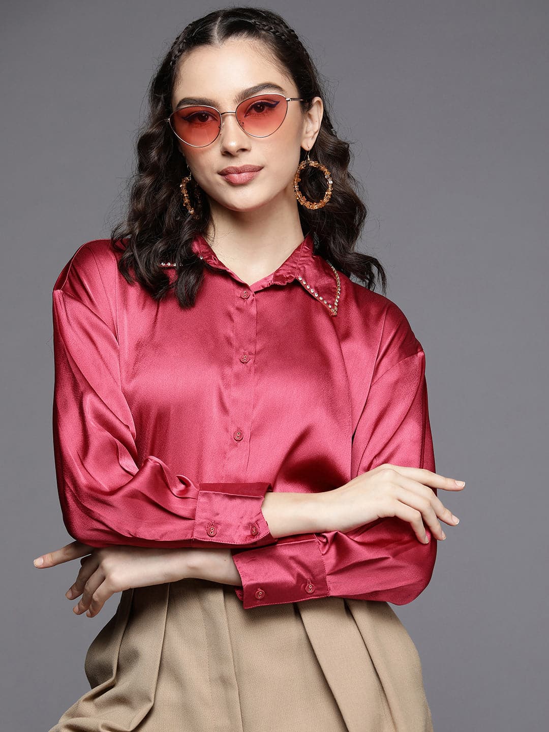 Women's Pink Satin Longline Shirt - Lyush