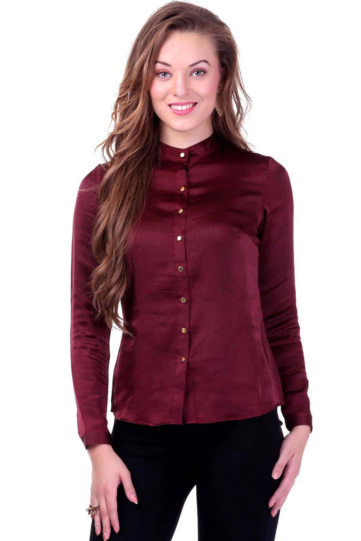 Women's Maroon Satin Shirt - SASSAFRAS