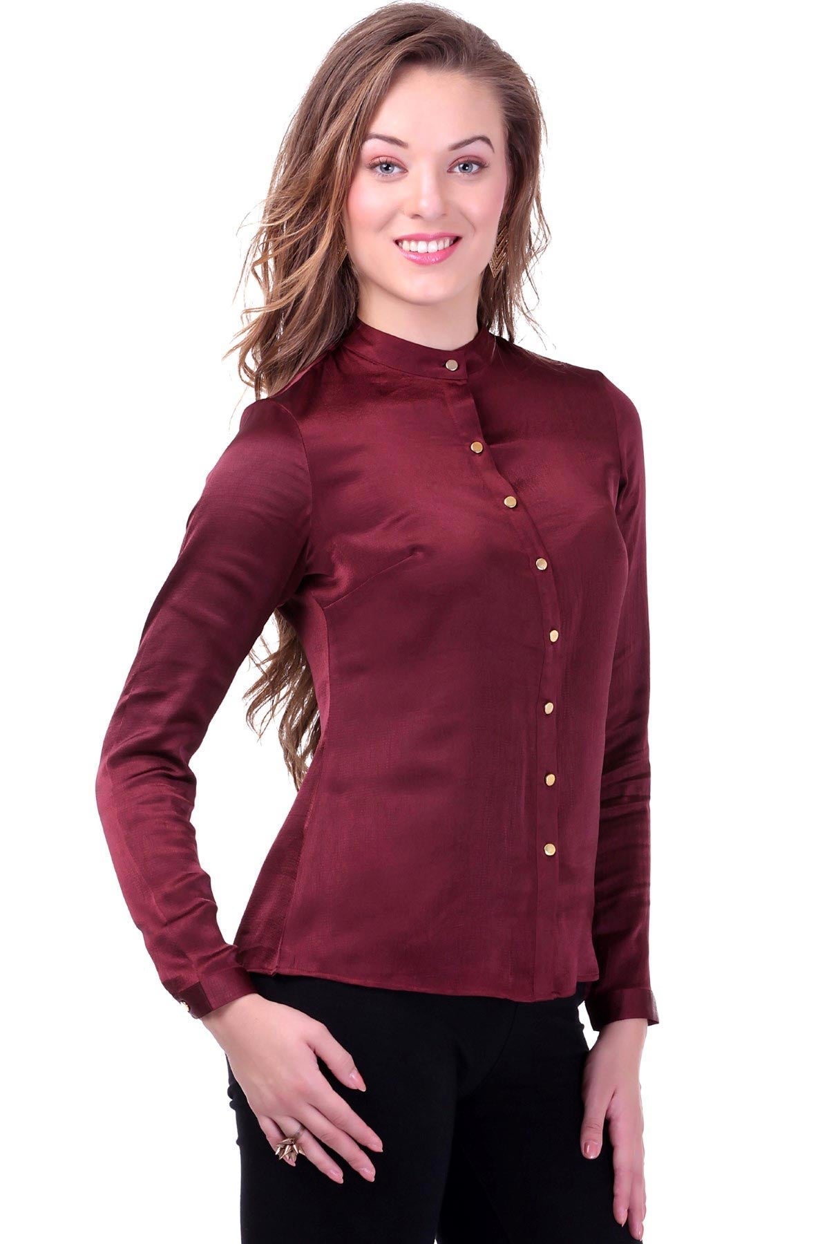 Women's Maroon Satin Shirt - SASSAFRAS