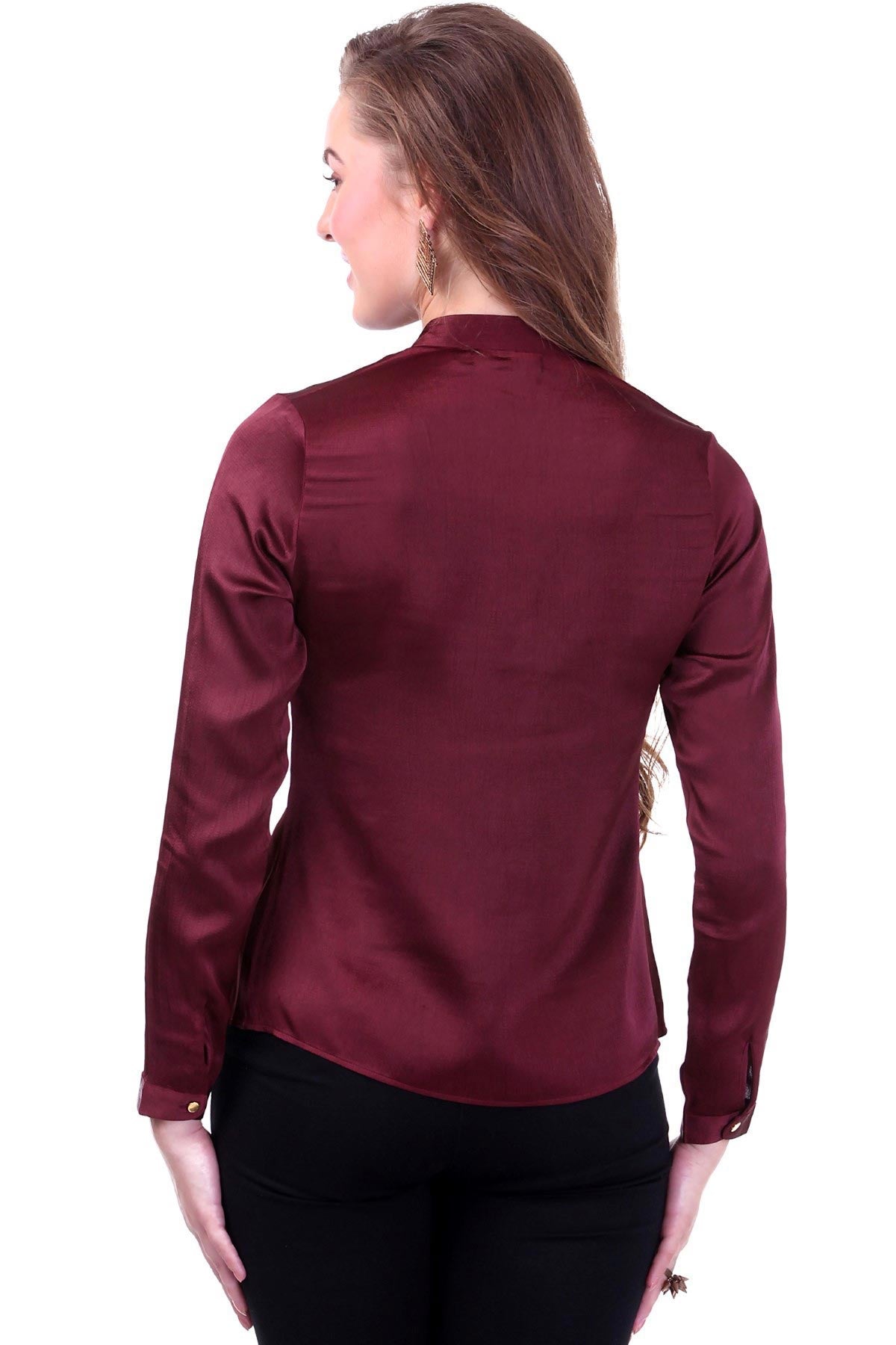 Women's Maroon Satin Shirt - SASSAFRAS