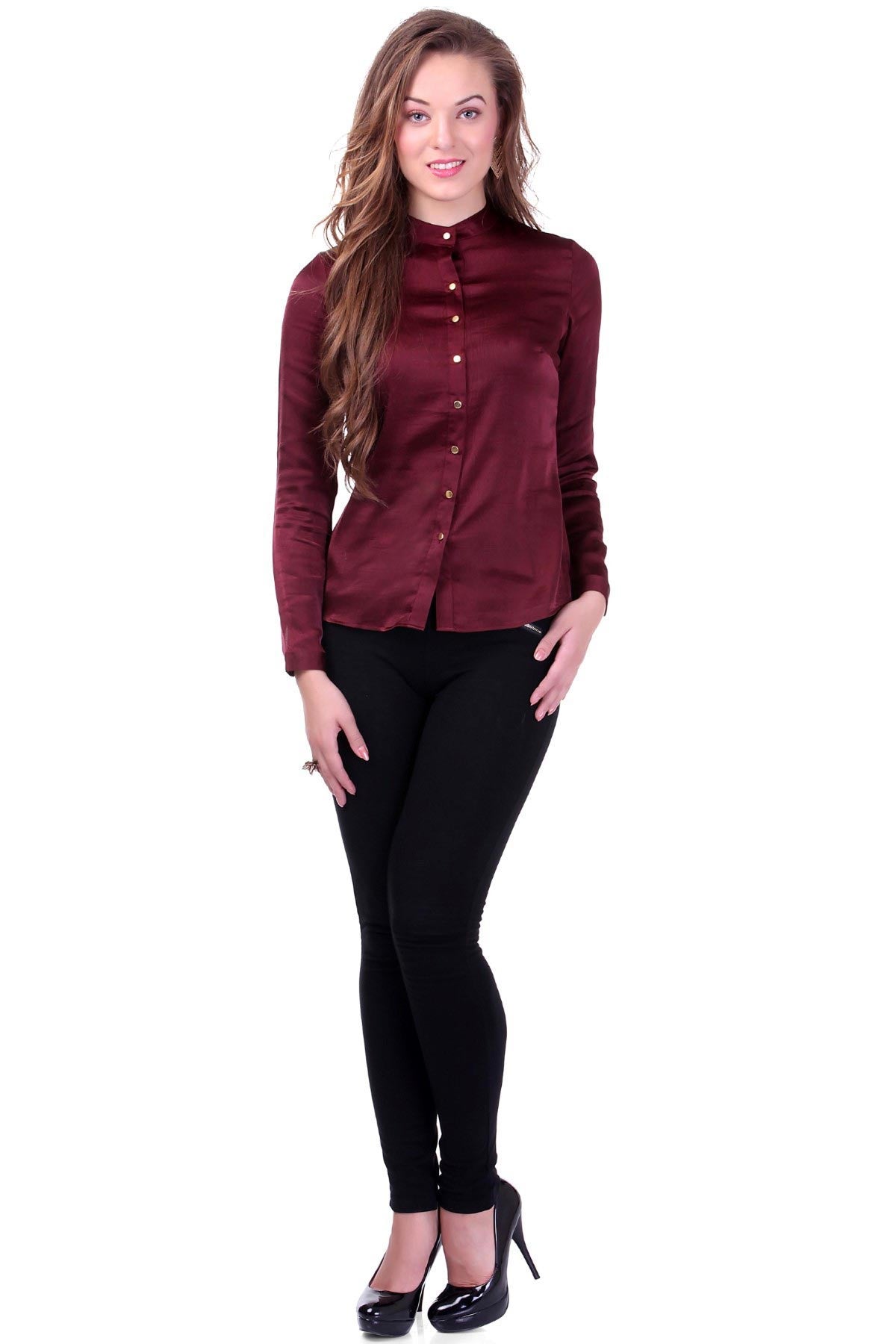 Women's Maroon Satin Shirt - SASSAFRAS