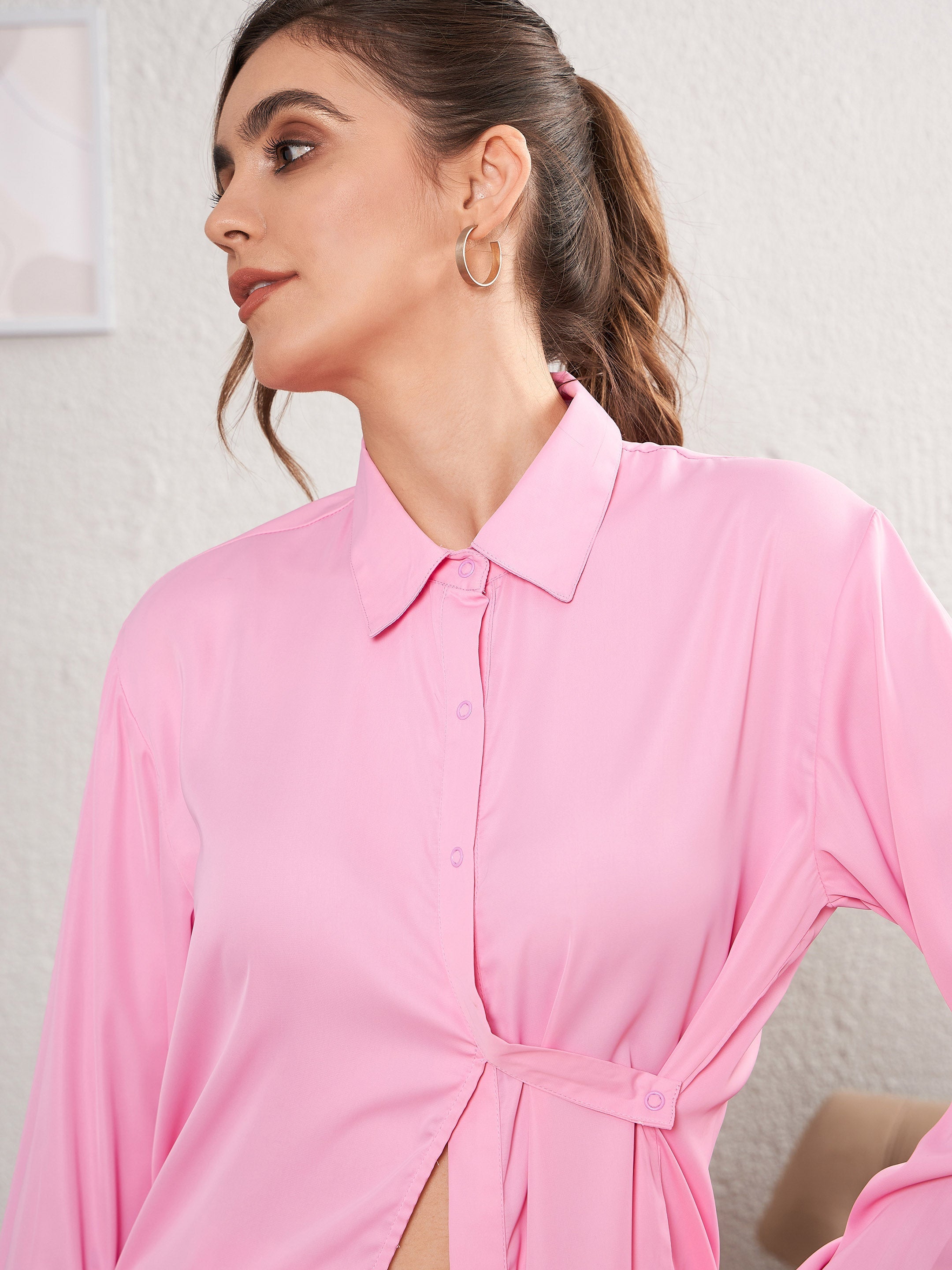 Women's Pink Satin Turn-Down Collar Blouse - SASSAFRAS