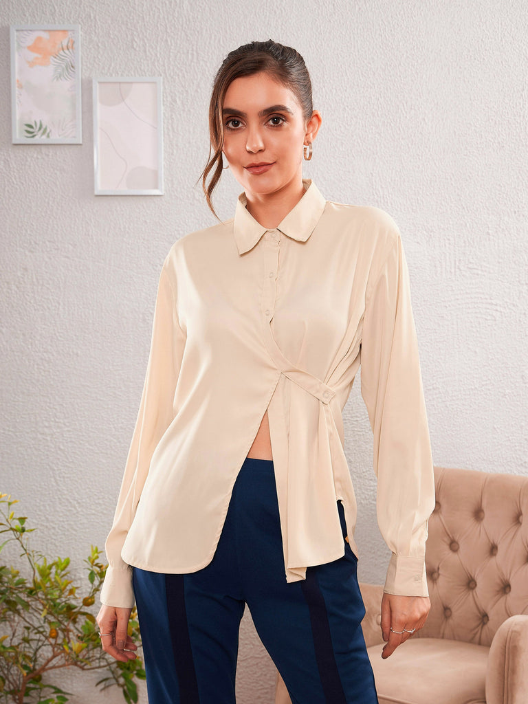 Women's Beige Satin Satin Turn-Down Collar Blouse