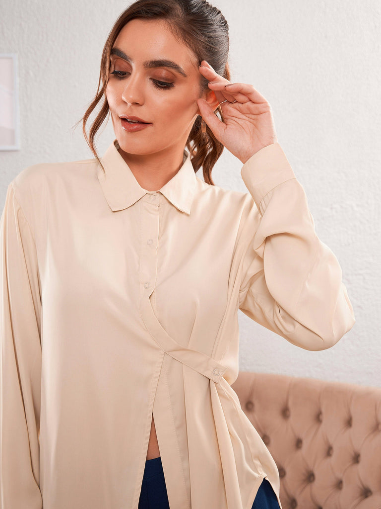 Women's Beige Satin Satin Turn-Down Collar Blouse