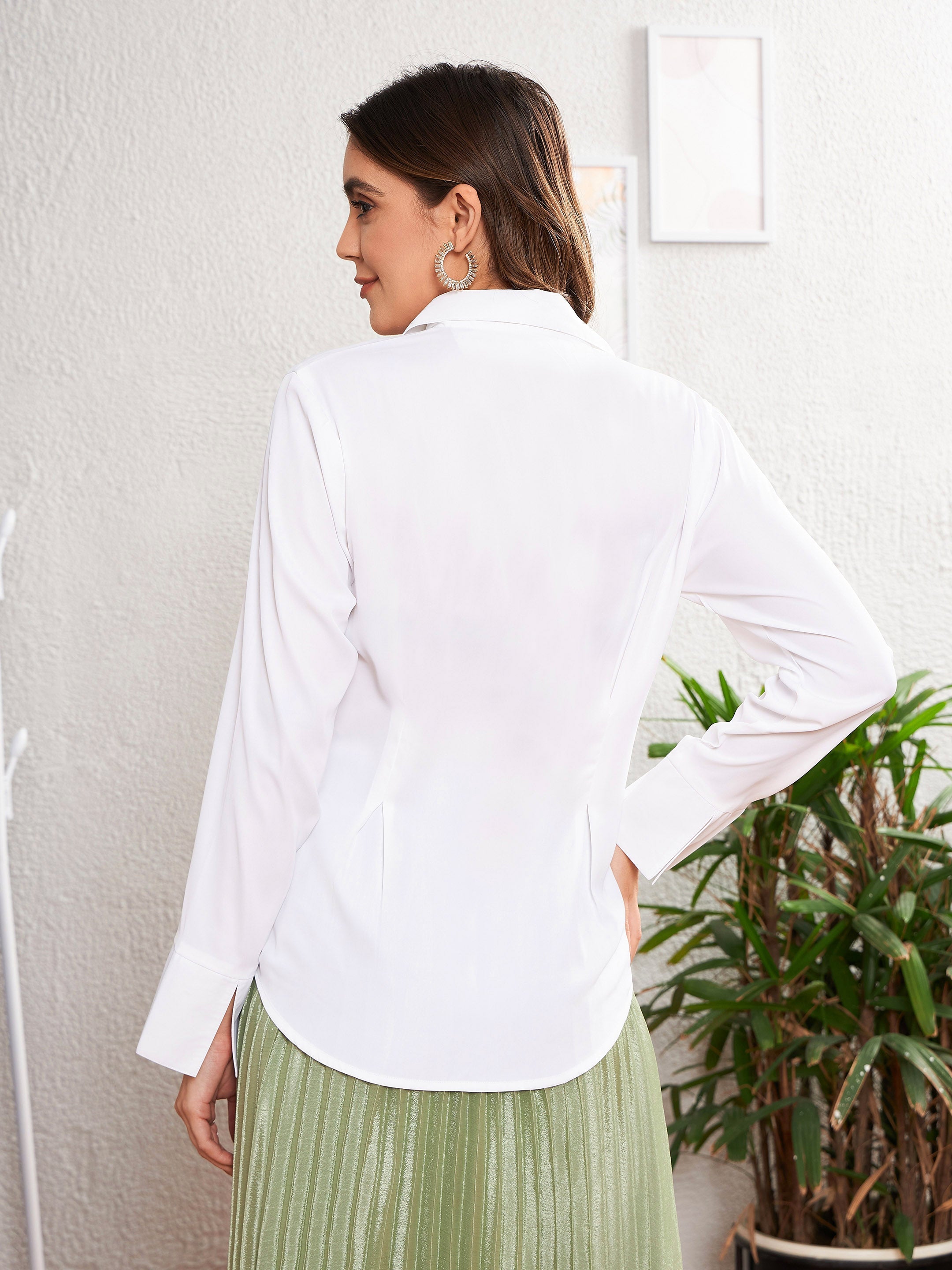 Women's White Satin Pleated Fold Slim Waist Shirt - SASSAFRAS