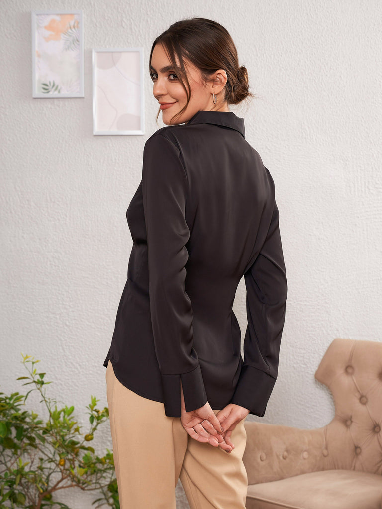 Women's Black Satin Pleated Fold Slim Waist Shirt