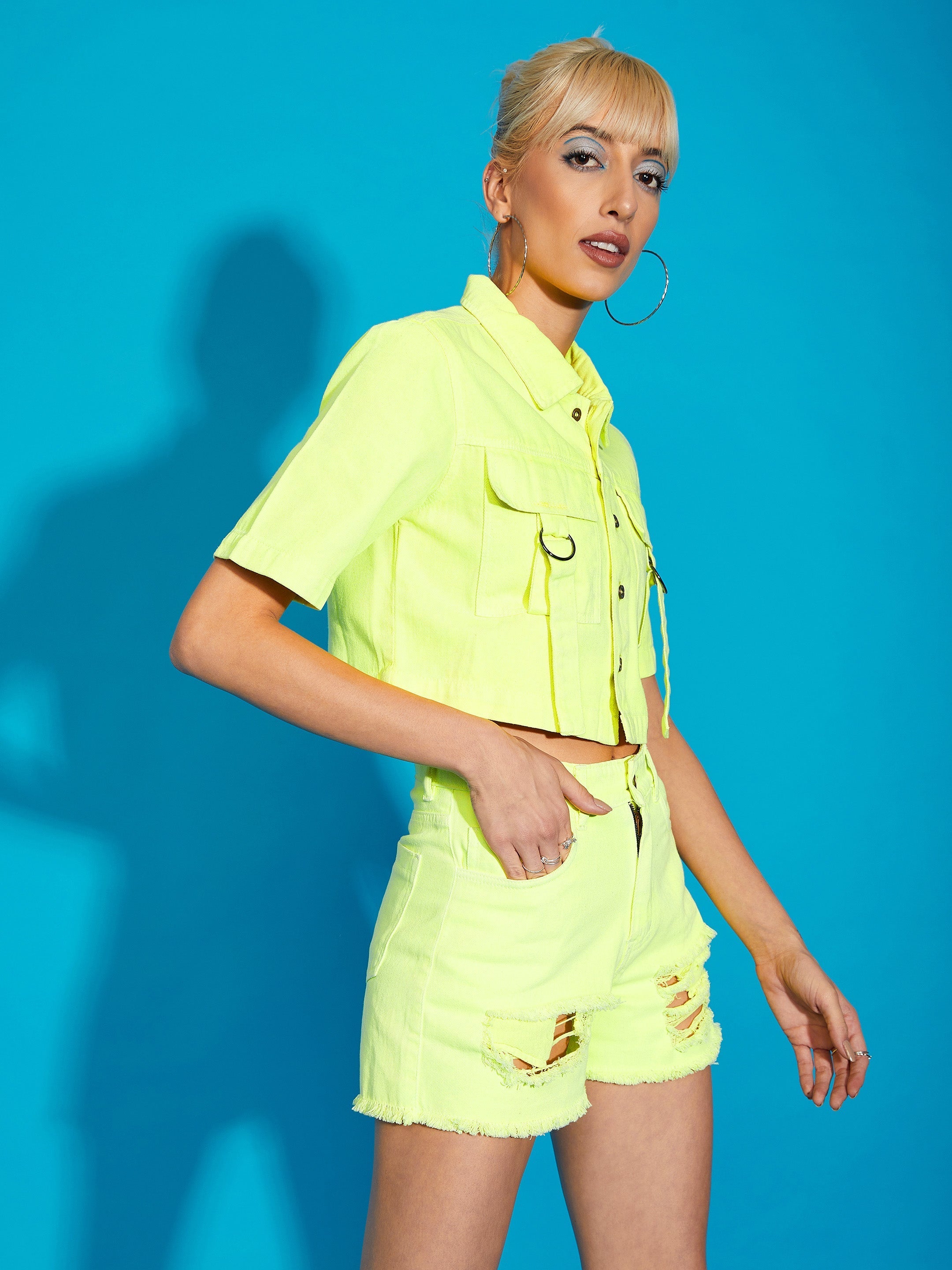 Women's Neon Yellow Denim Front Pocket Crop Shirt - SASSAFRAS